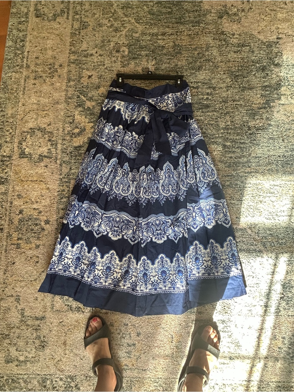 Talbots Navy and White Paisley-Print Maxi Skirt with Waist Tie